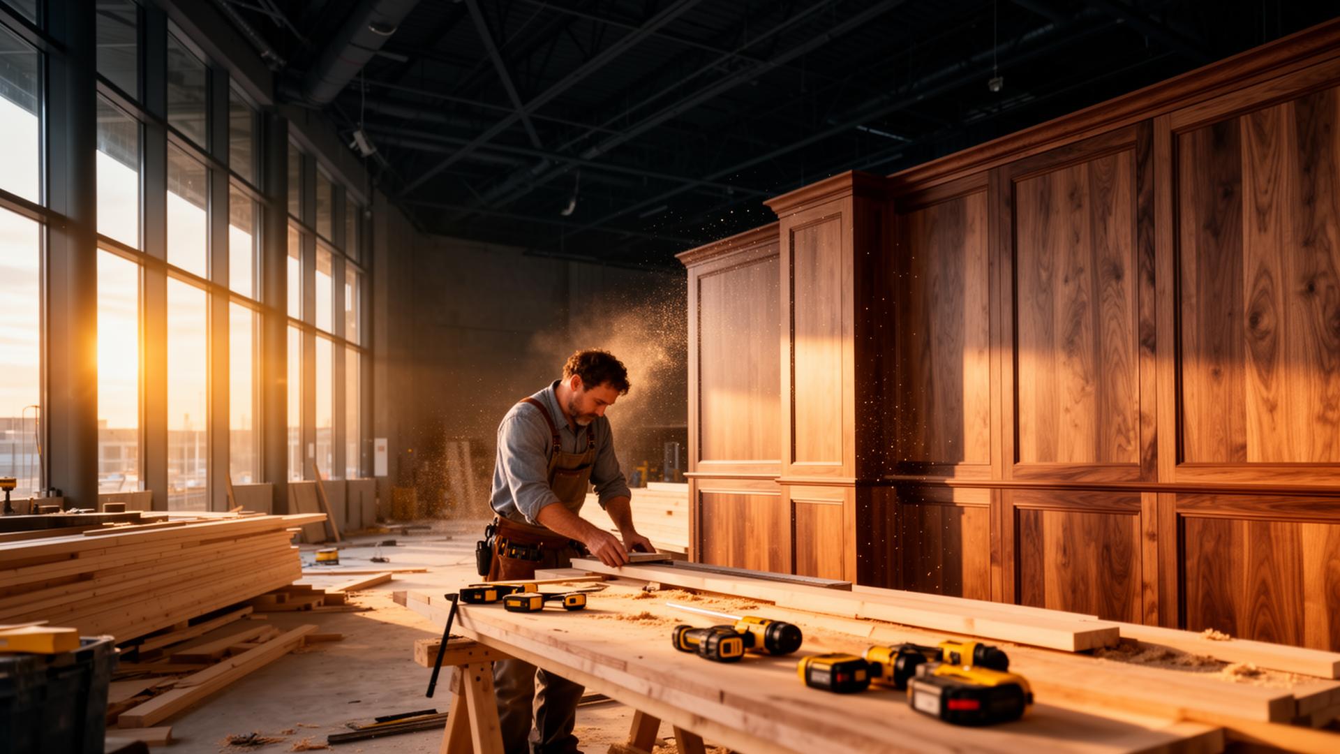 Master carpenter installing custom millwork on a commercial site